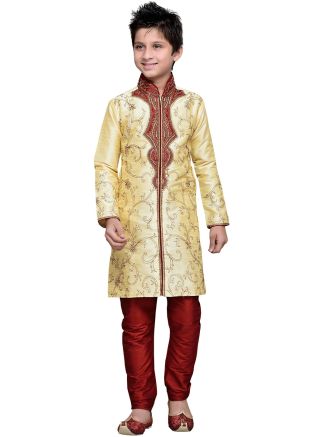 Readymade Gold Art Silk Kids Kurta Pajama