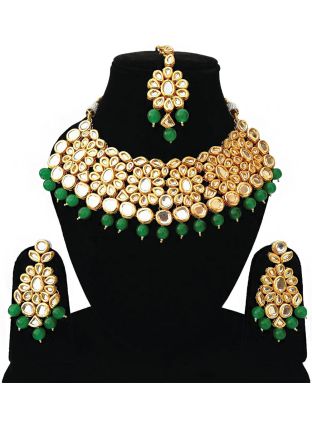Golden Green Stone Studded Kundan Necklace Set