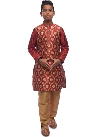 Maroon Woven Kids Kurta Churidar Set 