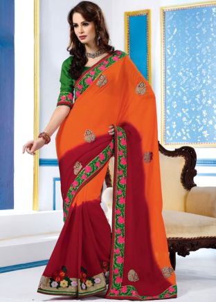 Shaded Orange and Maroon Georgette Saree