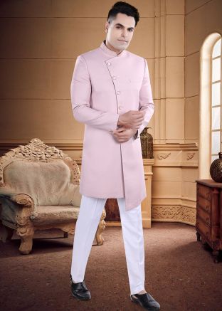 Pink Readymade Art Silk Mens Indowestern Sherwani 