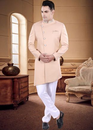Peach Readymade Mens Indowestern Sherwani In Art Silk