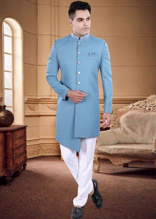 Readymade Art Silk Mens Indowestern Sherwani In Sky Blue