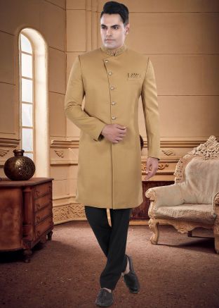 Beige Readymade Mens Indowestern Sherwani In Art Silk
