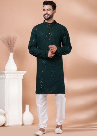 Teal Green Thread Embroidered Mens Kurta Pajama