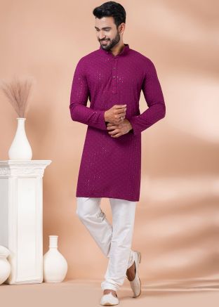 Magenta Embroidered Mens Kurta Pajama Set