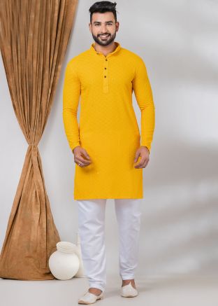 Yellow Embroidered Mens Kurta Pajama Set