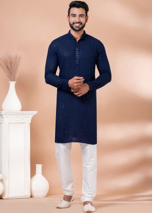 Navy Blue Embroidered Mens Kurta With Pajama