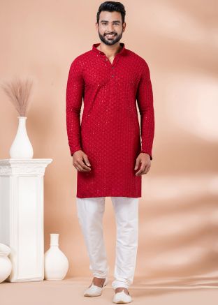 Red Embroidered Mens Kurta With Pajama