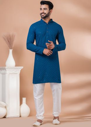 Teal Blue Embroidered Mens Kurta With Pajama