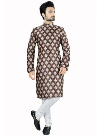 Brown Digital Print Mens Kurta Pajama