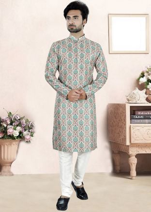 White Digital Print Mens Kurta Pajama