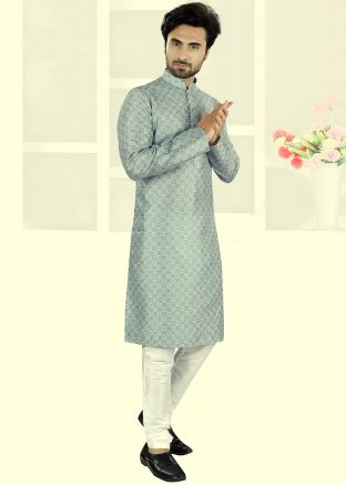 Grey Digital Print Mens Kurta Pajama