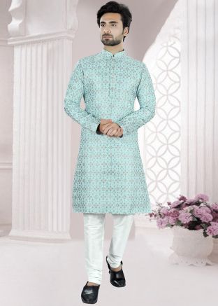 Blue Woven Mens Kurta Pajama