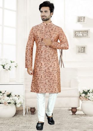 Peach Woven Mens Kurta Pajama