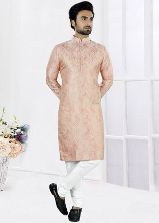 Pink Woven Mens Kurta Pajama