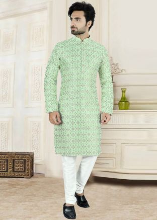 Green Woven Mens Kurta Pajama