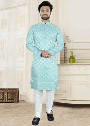 Blue Woven Mens Kurta Pajama