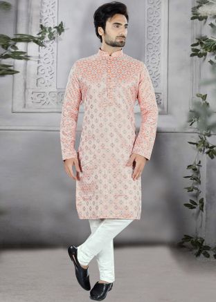 Peach Woven Mens Kurta Pajama