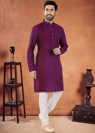 Purple Readymade Art Silk Mens Kurta Pajama 