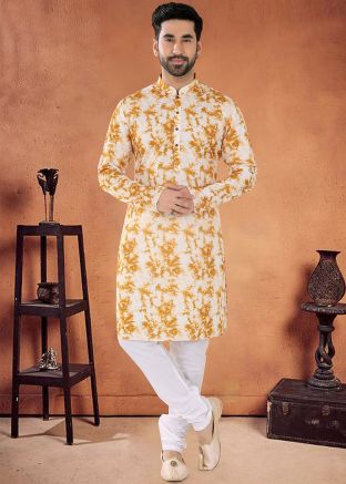 Yellow Readymade Mens Kurta Pajama In Cotton