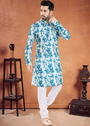 Blue Readymade Mens Kurta Pajama In Tie- Dye Print
