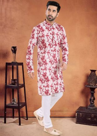Red Readymade Mens Kurta Pajama In Cotton