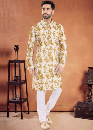 Yellow Readymade Art Silk Mens Kurta Pajama 