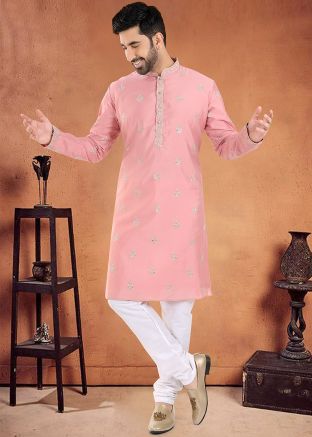 Pink Readymade Art Silk Mens Kurta Pajama 