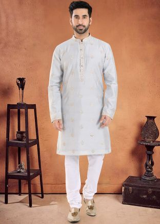 Readymade Grey Art Silk Mens Kurta Pajama 