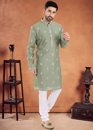 Green Readymade Embroidered Mens Kurta Pajama