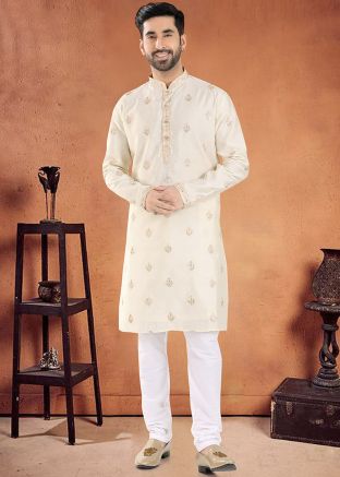 Cream Readymade Mens Kurta Pajama In Art Silk