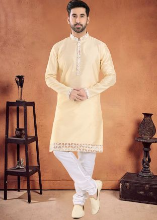 Beige Readymade Mens Kurta Pajama In Art Silk