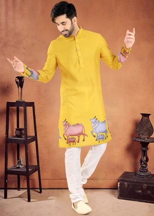 Yellow Readymade Mens Printed Kurta Pajama In Cotton