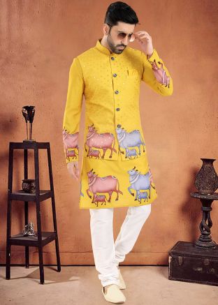 Readymade Yellow Print Art Silk Mens Kurta with jacket