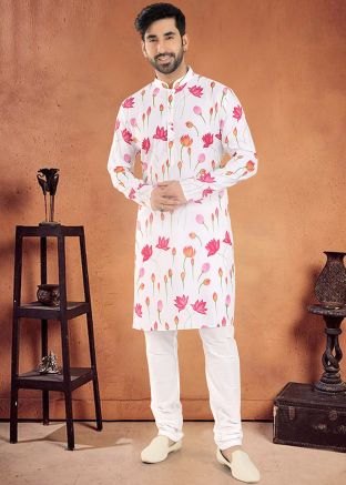 White Readymade Mens Cotton Printed Kurta Pajama 