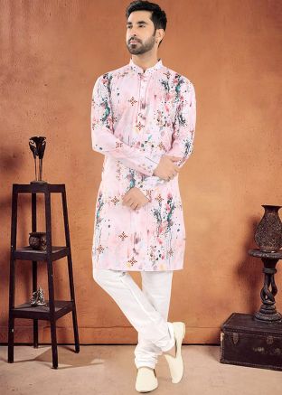 Light Pink Readymade Mens Kurta Pajama In Cotton