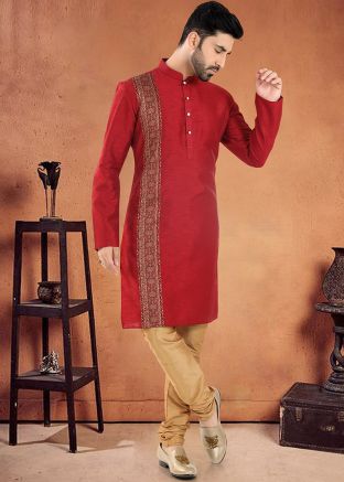 Red Readymade Art Silk Mens Kurta Pajama 