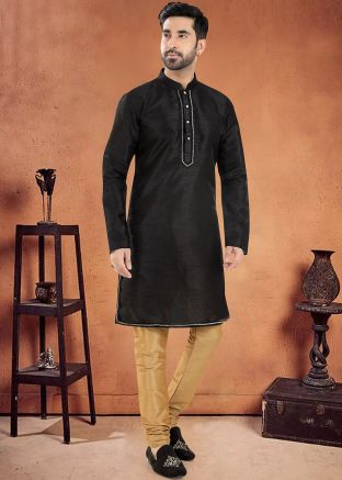 Black Readymade Mens Embroidered Kurta Pajama