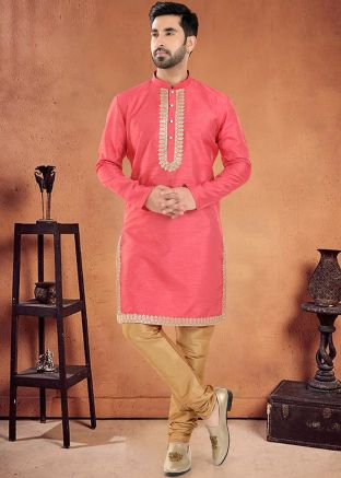 Pink Readymade Mens Art Silk Kurta Pajama Set