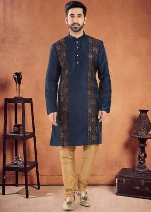 Navy Blue Readymade Mens Kurta Pajama In Art Silk