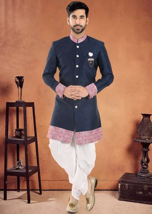 Blue Readymade Mens Sherwani With Dhoti In Art Silk
