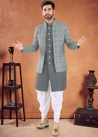 Green Readymade Mens Sherwani With Dhoti In Embroidery 
