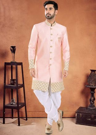 Pink Readymade Mens Art Silk Dhoti With Sherwani Set