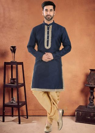 Navy Blue Readymade Mens Kurta & Dhoti In Embroidery