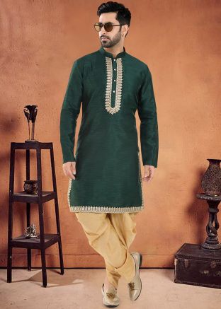 Green Readymade Mens Kurta With Dhoti In Embroidery 
