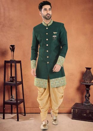 Green Readymade Mens Art Silk Plain Sherwani With Dhoti 