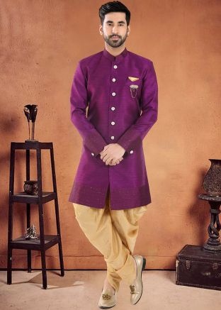 Purple Readymade Mens Sherwani With Dhoti In Art Silk
