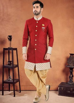 Red Readymade Art Silk Mens Plain Sherwani With Dhoti