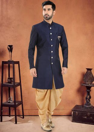Blue Readymade Mens Dhoti With Sherwani In Foil Print